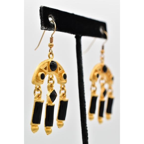 Vintage Dangle Earrings Brushed Gold Black Enamel Heavy Chunky NOS 1980s BinZ - Picture 4 of 12